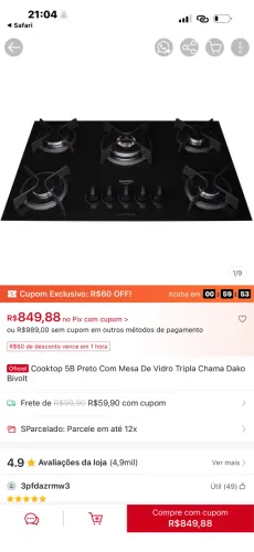 Fogão cooktop 5 bocas Dako novo