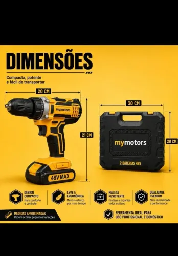 Parafusadeira Furadeira 48v Profissional 2 Baterias Sem Fio