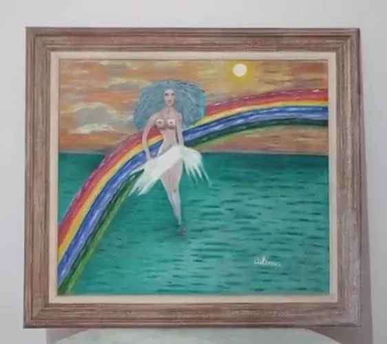 Arte de Pintura a óleo moldurado em quadro laqueado 1mx1m Artista Carioca Fernanda Marques