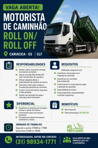 MOTORISTA DE CAMINHÃO ROLL ON/ROLL OFF - Local: Cariacica - ES