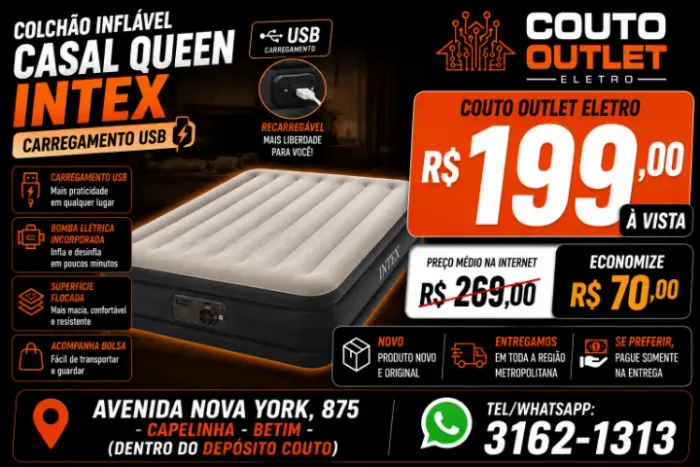 COLCHÃO INFLÁVEL CASAL QUEEN CARREGAMENTO USB - MAIS BARATO DA INTERNET