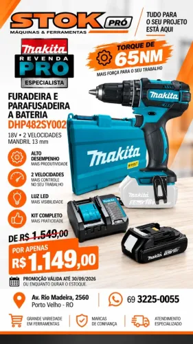 Furadeira E Parafusadeira Makita DHP482SY002 18V Bateria Maleta