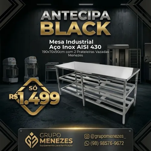 Mesa aço inox 190x70 duas prateleiras 