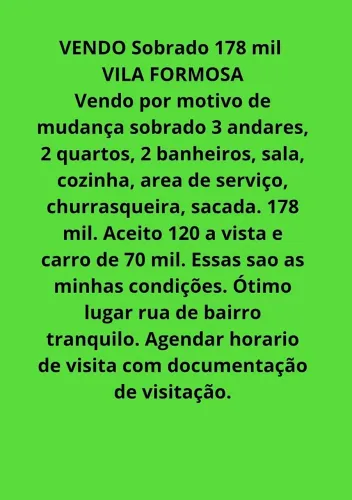Sobrado Vila Formosa 178 mil Aceito carro como parte