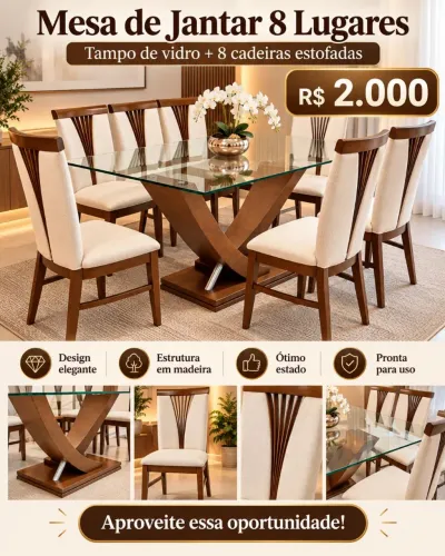 Mesa de Jantar 8 Lugares com 8 Cadeiras