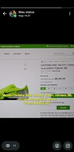 Vendo Chuteira Nike Society Zoom número 38, utilizada somente duas vezes.