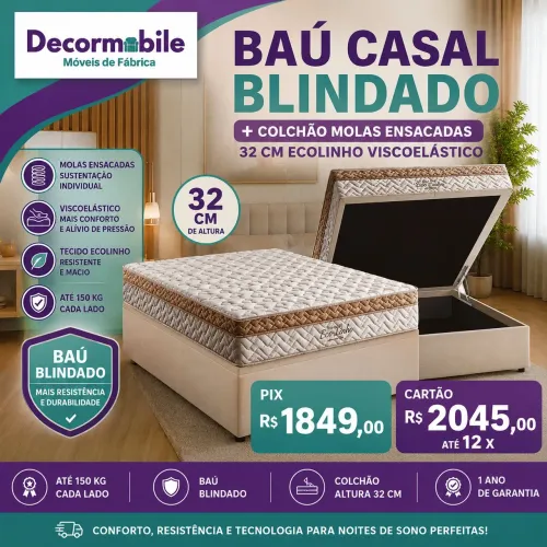 baú Casal Blindado+ Colchão Molas 32 cm viscoelástico Ecolinho alto conforto