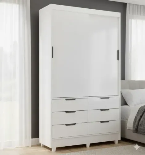 Armário de Quarto Branco 1,08m Sevilha - 6 Gavetas e Portas de Correr