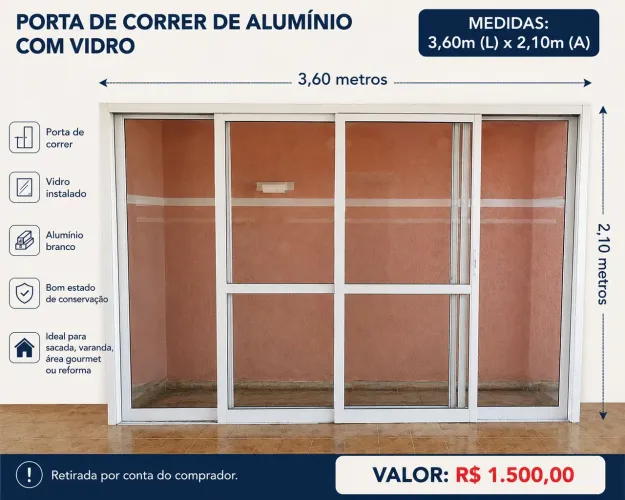 PORTA DE CORRER DE ALUMÍNIO COM VIDRO - GRANDE 