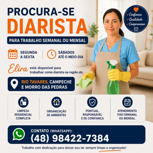 Diarista no Campeche, Rio Tavares e Morro das Pedras | Elira