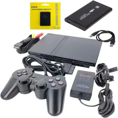 PlayStation 2 Slim desbloqueado sem leitor com mais de 80 jogos e 2 controles novos