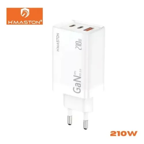 Carregador Turbo 210W de Parede H'maston 3 Saídas USB-C USB-A Gan10 Celular Macbook