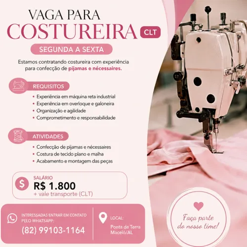 ? VAGA PARA COSTUREIRA | CLT | SEGUNDA A SEXTA ?