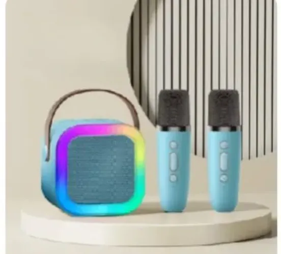 Mini Caixa de Som Karaokê Bluetooth + 2 Microfones Sem Fio (Novo)