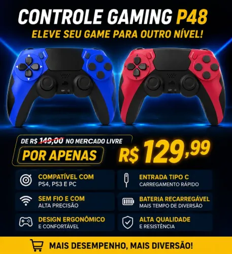Controle Gaming P48 Sem Fio Bluetooth PS4/PS3/PC USB Tipo C - Novo