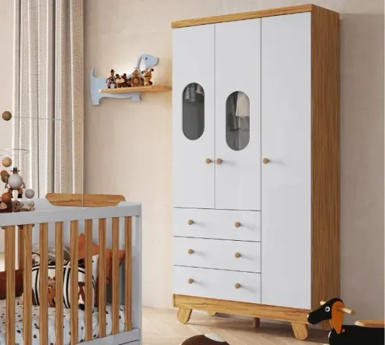 Roupeiro Pingo 3 Portas, 100% MDF - Peroba