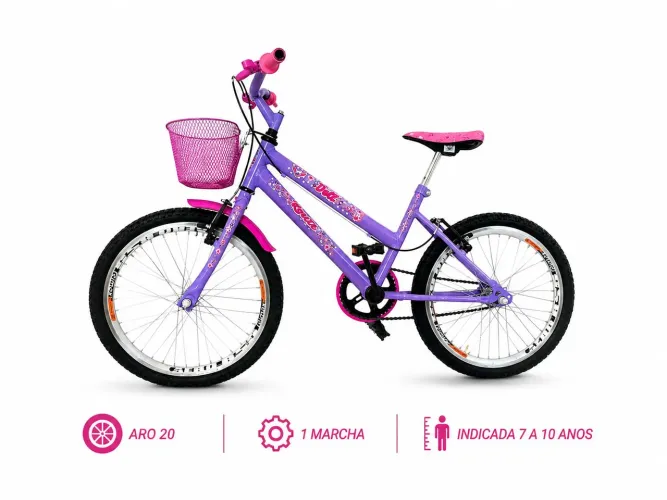 Bicicleta Infantil Aro 20 Feminina Roxa e Rosa - Seminova, Linda e Conservada