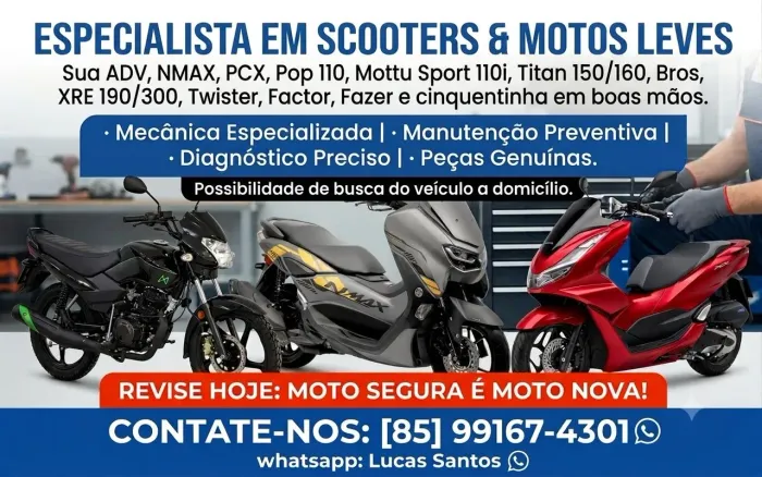 Mecânica em Scooters e Motos Leves (PCX, NMAX, ADV, Titan, Mottu) Busco moto no Local!