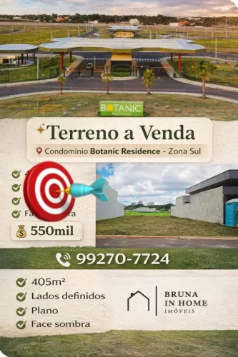 Terreno Lote a Venda Cond. Botanic $ 550mil | 405m² | Face sombra | Plano - Zona Sul