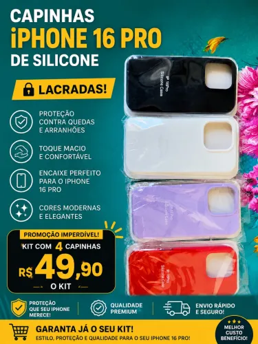 Kit 4 capas de iPhone 16 pro de silicone e aveludadas por dentro 