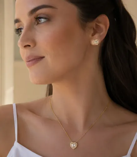 Conjunto Coração Cravejado Banhado a Ouro - Elegância que Encanta!
