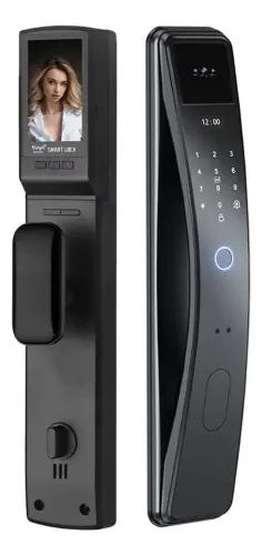 Fechadura Digital Eletrônica Biometria Rec. Facial Wifi App na cor preta 