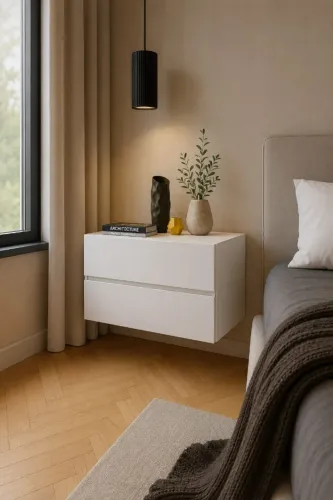 Mesa de Cabeceira MDF Branco 2 Gavetas Moderna