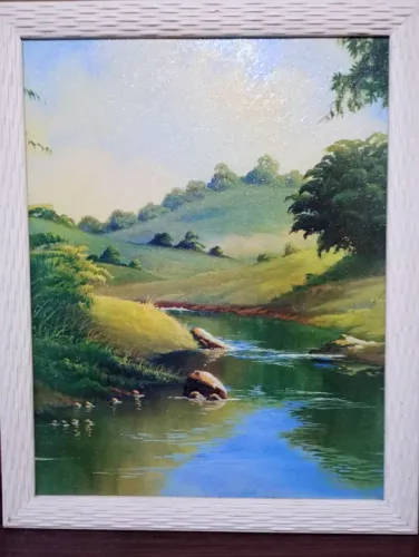 Quadro pintura paisagem rio verde