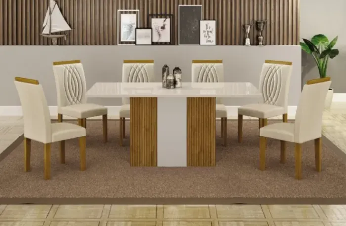 CONJUNTO DE JANTAR MESA COM TAMPO EM VIDRO E 6 CADEIRAS ACOLCHOADAS