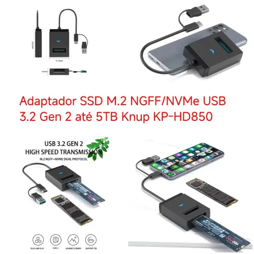 Adaptador SSD M.2 NGFF/NVMe USB 3.2 Gen 2 até 5TB Knup KP-HD850