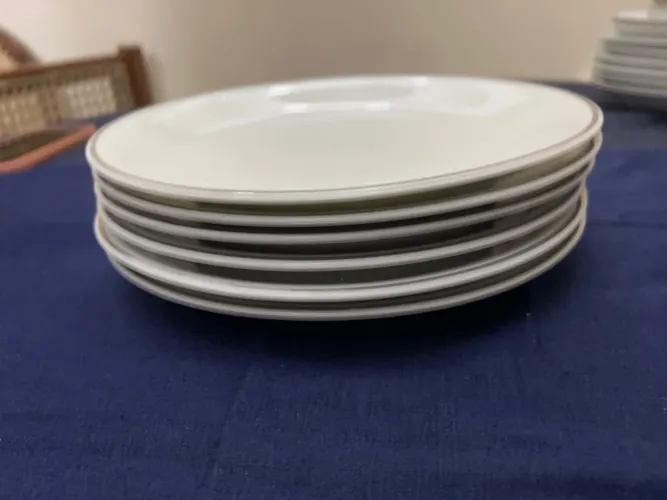 Conjunto 6 pratos porcelana Renner com friso prateado