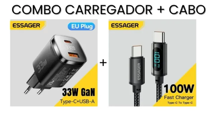 Combo Carregador Essager 33w Turbo e Cabo Essager 100w Turbo com Display de Carregamento