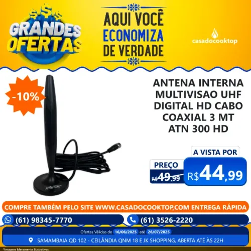 ANTENA INTERNA MULTIVISAO UHF DIGITAL HD CABO COAXIAL 3 MT ATN ATN-300-HD-300-HD 