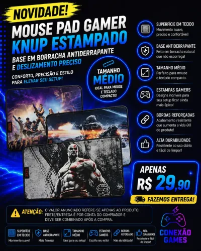 Mouse Pad Gamer Knup Estampado Tecido e Borracha Novo