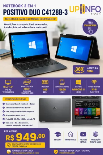 NOTEBOOK 2 EM 1 POSITIVO DUO C4128B-3 ? TOUCHSCREEN + MODO TABLET