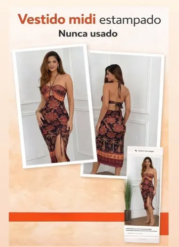 Vestido Midi Estampado com Fenda - Nunca Usado