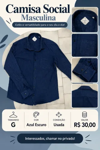 Camisa Social Azul-Marinho Manga Longa Tamanho G