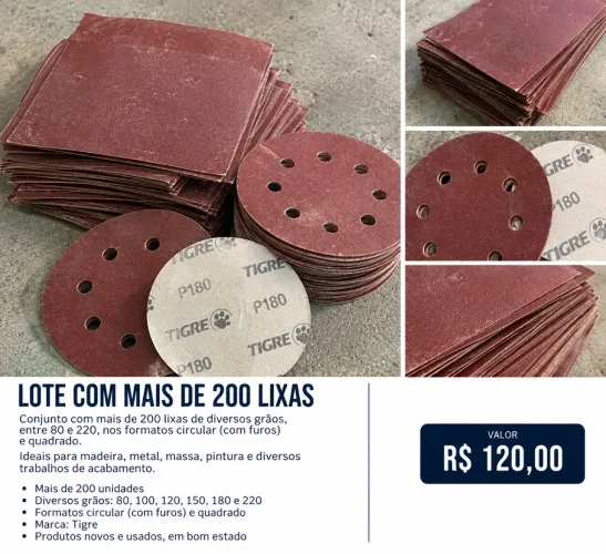 Kit com Mais de 200 Lixas Tigre - Grãos 80 a 220 - Circulares e Folhas