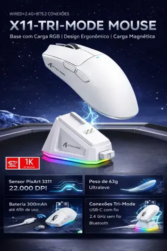 Mouse Gamer Attack Shark X11 22.000 DPI Ultraleve 63g Bluetooth 2.4GHz Branco Novo Lacrado