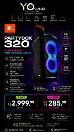JBL Partybox Stage 320, 240W RMS, Show de luzes, alça telescópica, rodízios, LACRADA, NF