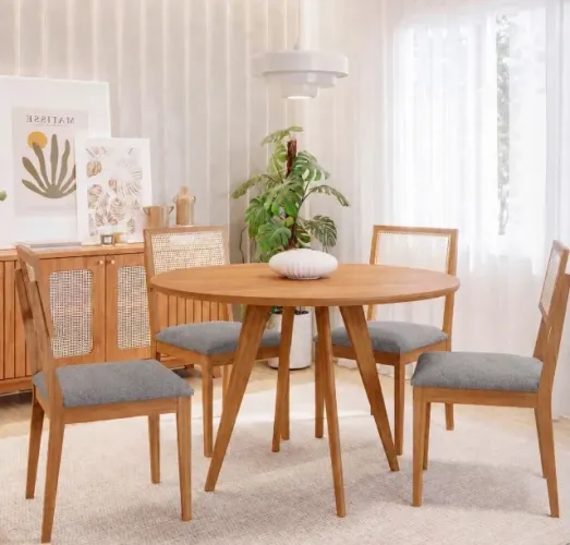 Conjunto Sala de Jantar Ravello Redondo 1,09 m com 4 Cadeiras Linho Cinza Grafite