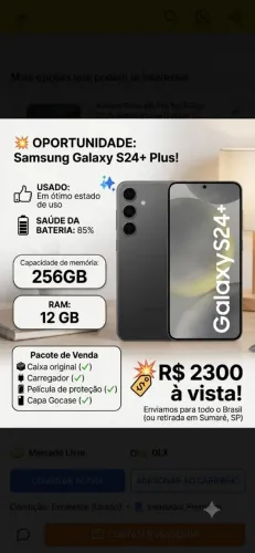 Samsung Galaxy S24+ Plus (Exynos) 5G Dual SIM 256GB Preto 12GB RAM - Ótimo estado de uso.