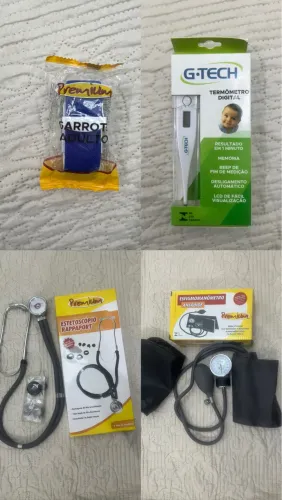 termômetro digital, aparelho de pressão, estetoscópio e garrote.