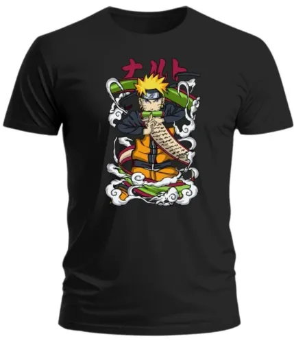 Camiseta Naruto Shippuden Preta Algodão Estampa Dupla