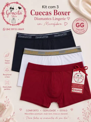 Kit Com 3 Cuecas Boxer Diamantes Lingerie