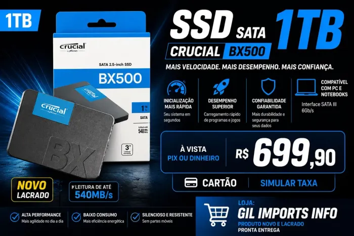 SSD Crucial BX500 1TB SATA 2.5" Novo Lacrado