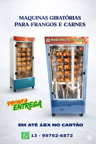 MAQUINAS DE ASSAR FRANGOS E CARNES GIRATÓRIAS - NOVAS, NA CAIXA - PARA A BAIXADA SANTISTA