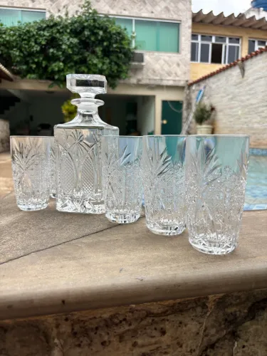 Jogo Antigo Cristal Lapidado - Garrafa/Decanter + 6 Copos