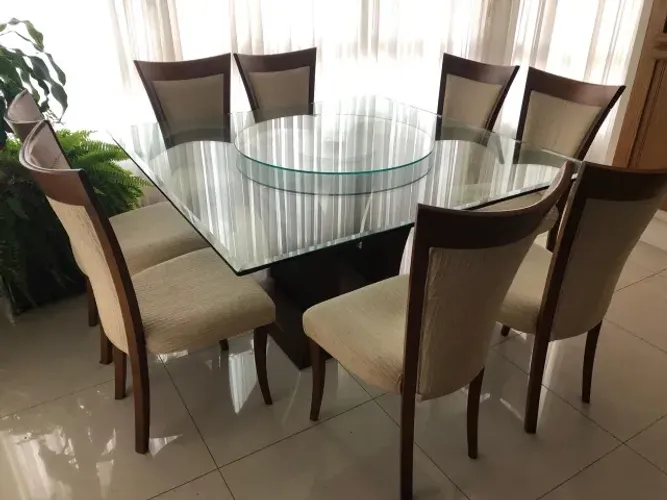 MESA DE JANTAR DE VIDRO QUADRADA + 8 CADEIRAS + TAMPO GIRATÓRIO REDONDO