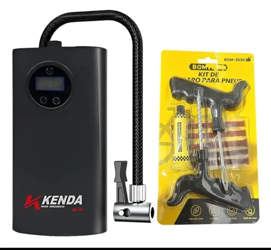 Calibrador de pneu portátil Kenda e kit reparo de pneu sem camera